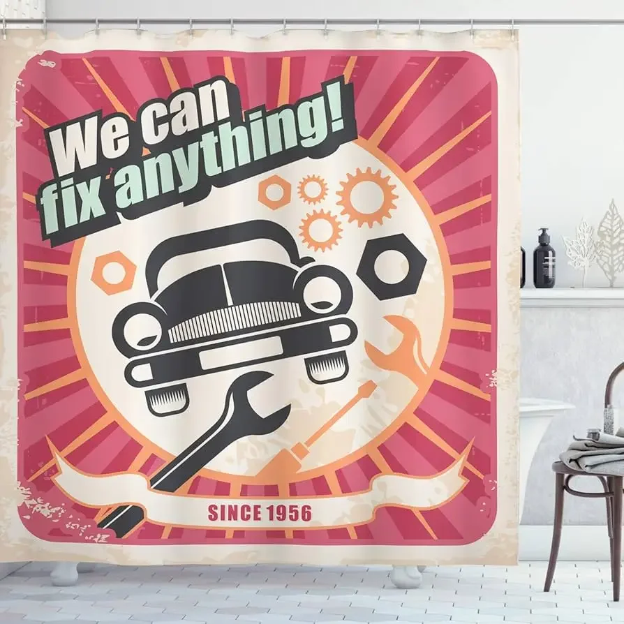 Vintage Car Shower Curtain,Nostalgic Car Garage Service and Repair Store Phrase Dated Faded Waterproof Fabric Bathroom Curtain