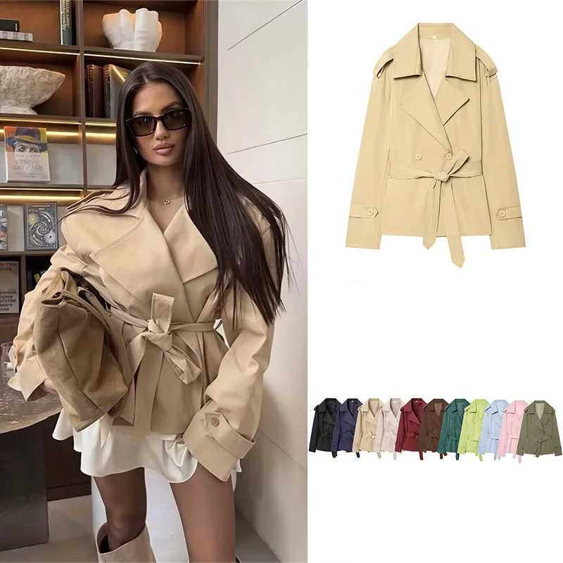 Guobioziy Women's Wool Coat 2026 Spring and Autumn Edition Solid Color with Tie Design European Casual Trendy Daily Street Style