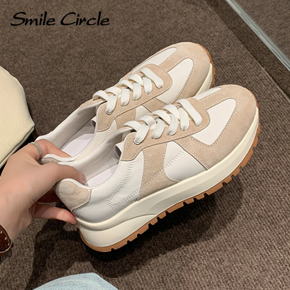 Smile Circle Sneakers Women Suede Leather Colorblocking Simple Shoes Fashion Casual Sneakers