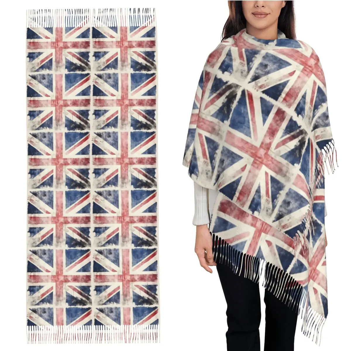 

Watercolor Union Jack British Flag Print Scarf Tassel Scarves Women Soft Warm Shawls and Wraps Large Fall Winter Shawl Wrap