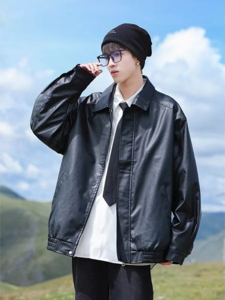 

Unisex Casual PU Leather Biker Jacket with Lapel Loose Fit Vintage American Style Streetwear for Spring Autumn