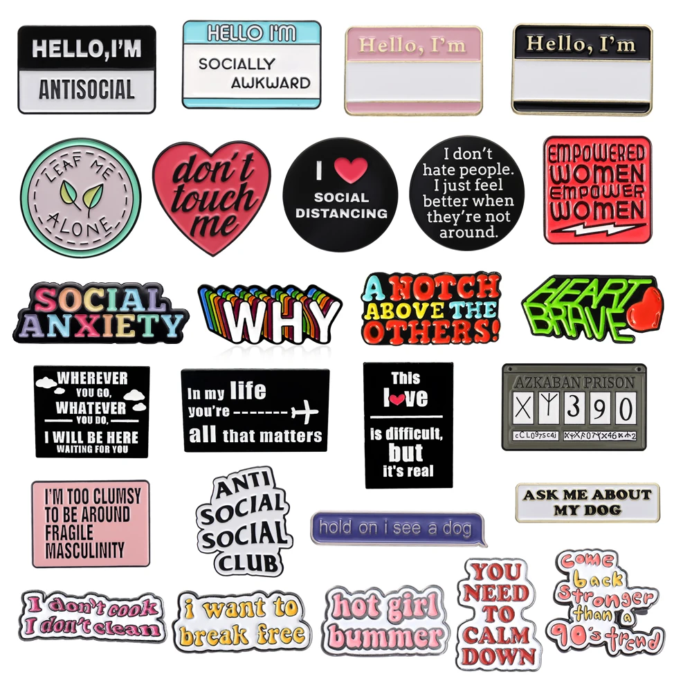 Personalidade Texto Esmalte Broche para Mulheres, Punk Pin, Olá Socialmente Estranhoso, Solitário, Power Rainbow, Que Coração Valente Calendário, Emblema Jóias