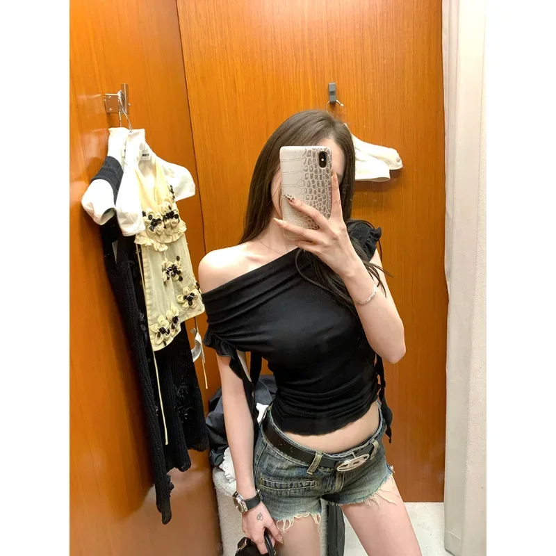 

2026 Summer Bodycon Short Sleeve Tops Women Casual Y2k Crop Tops Korean Fashion Clothing Sexy Slash Neck Outwear Blouse Female