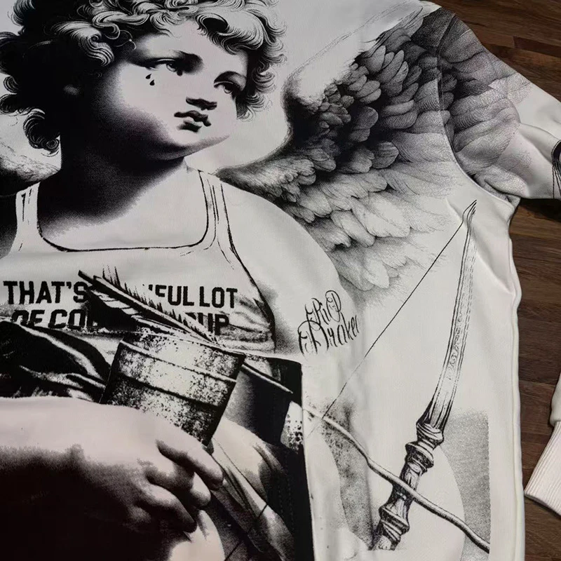 طباعة رقمية بنمط الملاك باللون الأبيض، مجموعة رائعة من سترة بغطاء للرأس من COUGH SYRUP للرجال والنساء للجنسين من القماش الثقيل بلوفرات قطنية