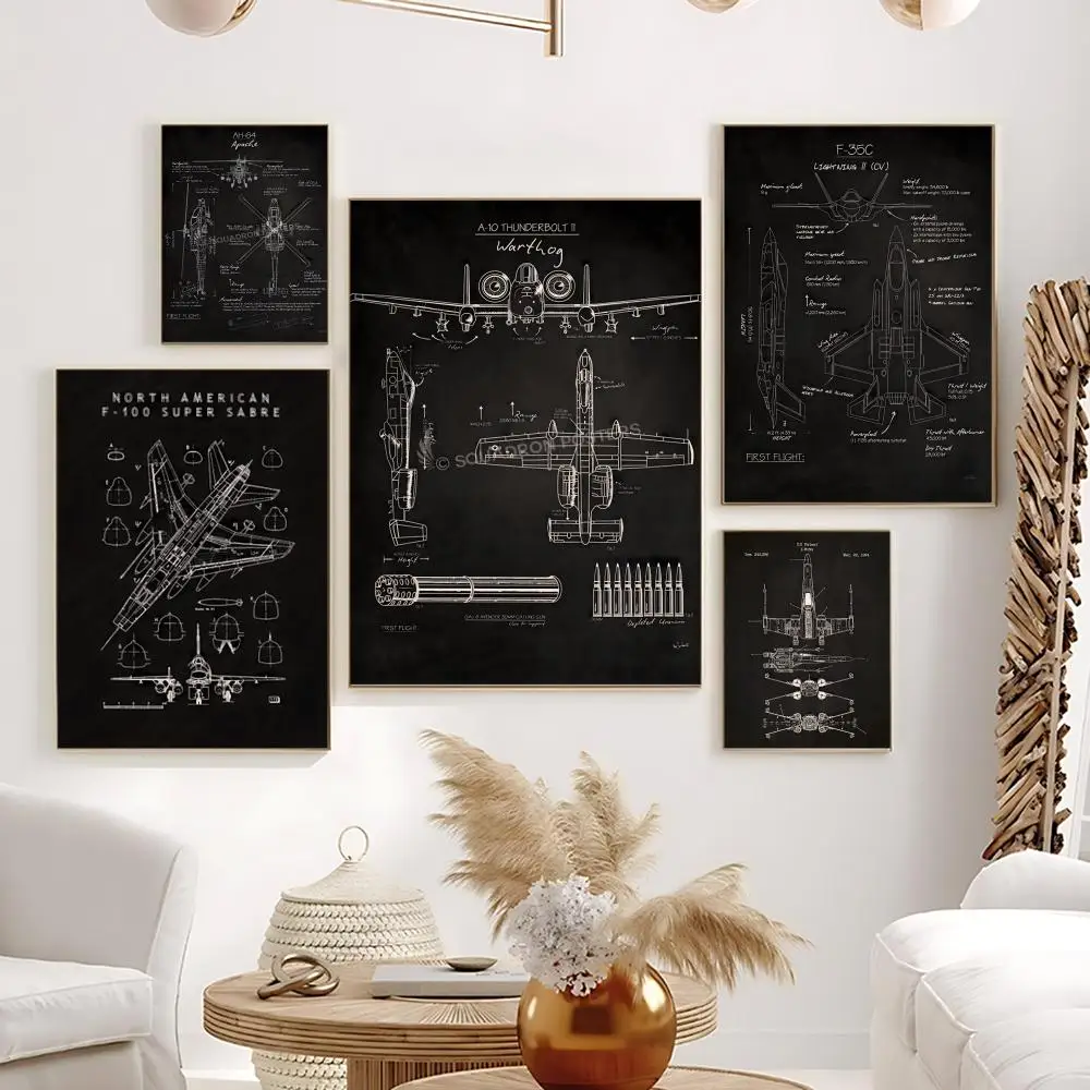 Hand-Drawn Fighter Jet Poster HD Self-Adhesive Waterproof Frameless Wall Art for Home Office Dorm Bedroom Ideal Gift