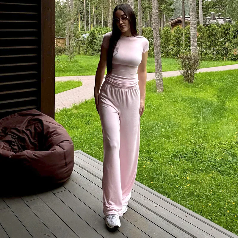Apprabant Solid Color Slim Fit Elastic Waist Pants Set Round Neck Short Sleeve Pullover Tops Fashion Wide Leg Trousers Suit