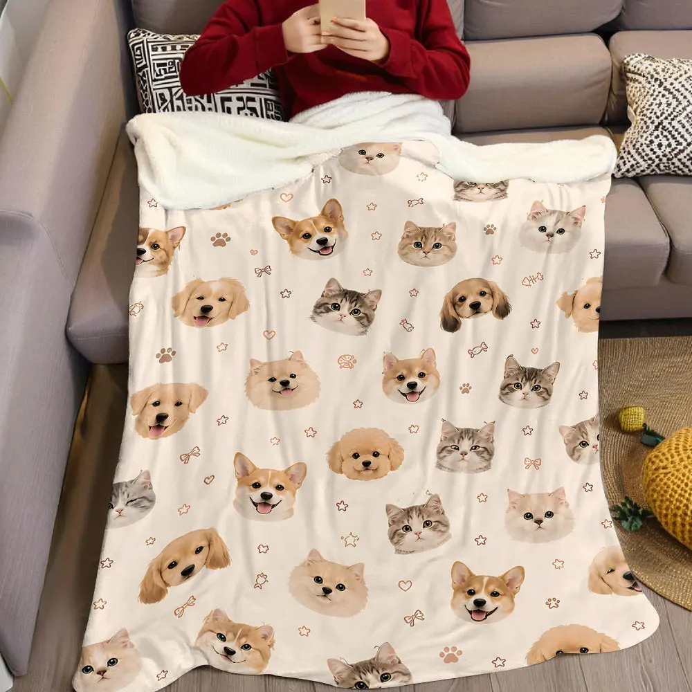 Pets Face Flannel Blanket Warm Soft Halloween Christmas Decorative Couch Warm Cozy All-Season Gift
