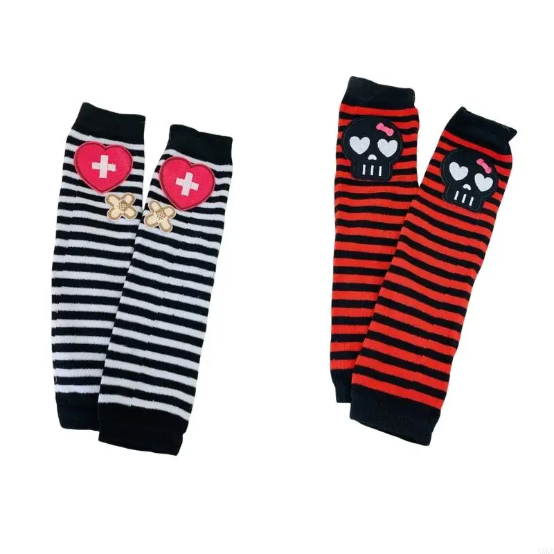 N5KB Arm Sleeves With Thumb Holes y2k Arm Sleeves Harajuku Skull Arm Warmer Striped Arm Warmer Punk Arm Sleeves Y2k Arm Cover