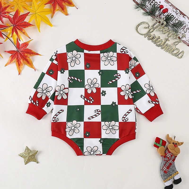 Baby Girls Christmas Romper Long Sleeve Crew Neck Plaid Flower Candy Cane Print Bodysuit Clothes for Casual Daily