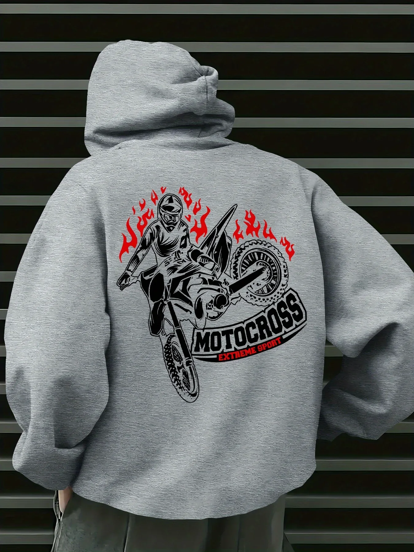 Motocross Extreme Sport Flame Graphic Hoodie, Unisex Dirt Bike Rider Streetwear Casual Pullover Hooded Sweatshirt