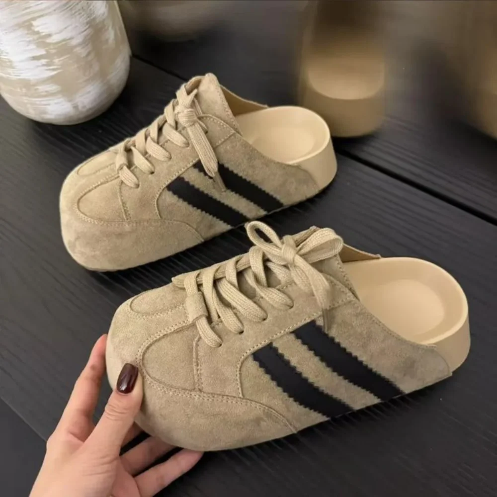 Damen Retro Wildleder Gestreifte Mule-Sneaker, Slip-on Freizeitschuhe, Bequeme Dicksohlen-Fußbekleidung für Streetstyle – Detail 4