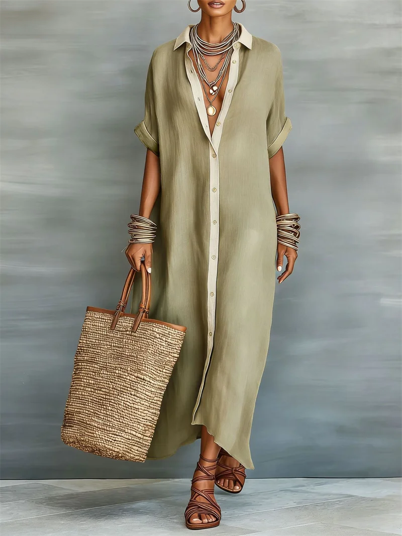 Bequeme Damen-Freizeitkleider aus Baumwolle und Leinen, Sommer-Maxikleid mit Kontrastfarben, Locker Geschnittenes Hemdkleid mit Umlegekragen und Kurzen Ärmeln