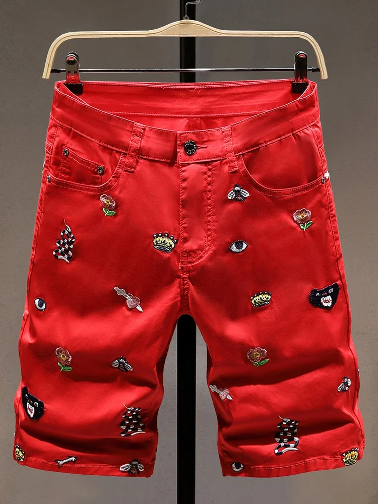 

Модные вышитые повседневные мужские шорты, летние тонкие корейские брюки-чинос с эластичной резинкой, молодежные городские брюки-чинос