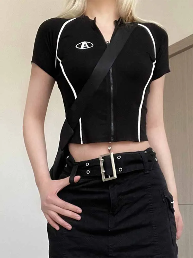 Functional style zipper short T-shirt black stand up collar slim fit exposed navel motorcycle hot girl tight short sleeved