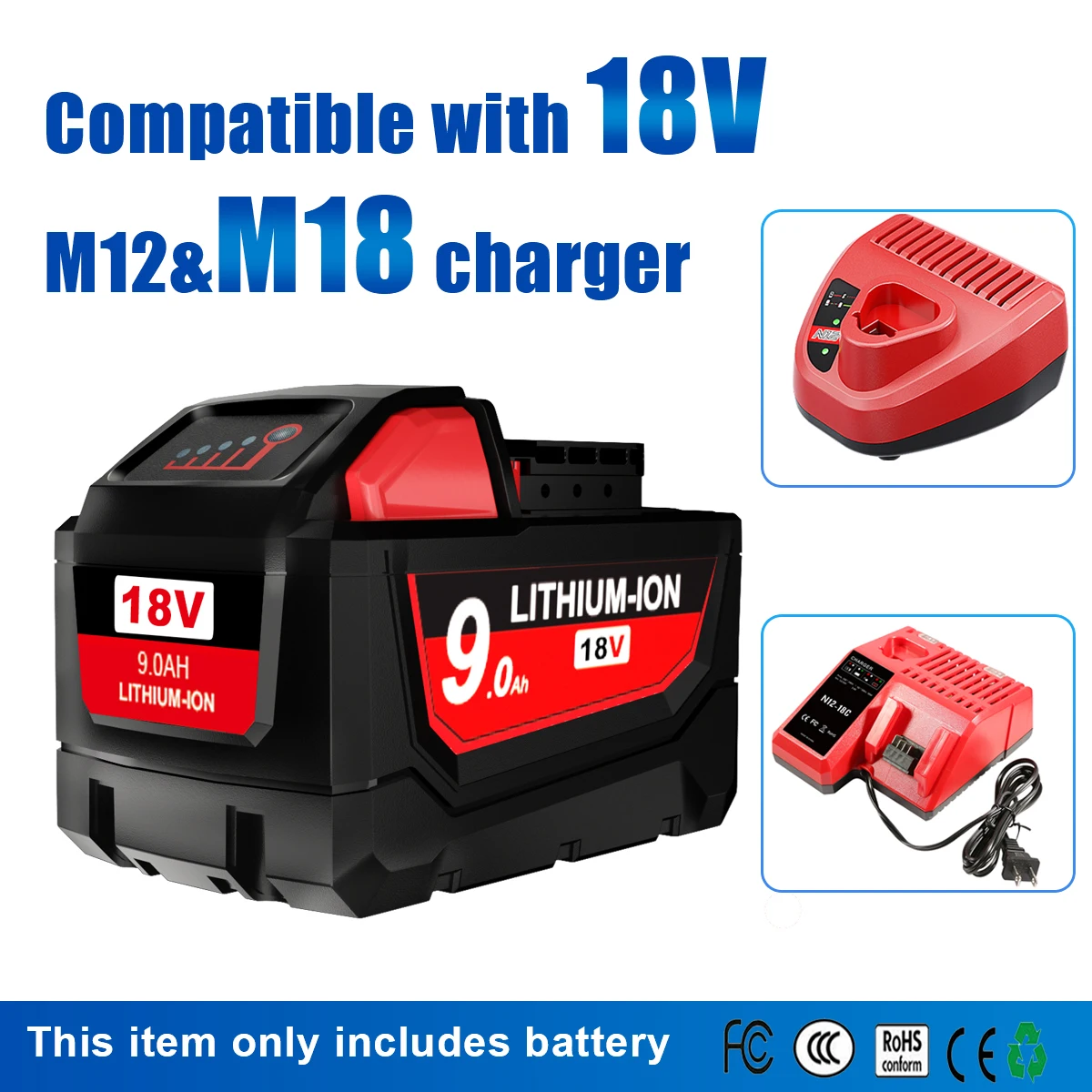 18V 9.0Ah For Milwaukee M18 Battery 9000mAh 15-Cells Li-ion Rechargeable Battery 48-11-1815 48-11-1850 Replacement Barrtey