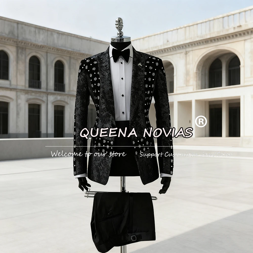 

Unique Design Beaded Stones Suits Men 2 Pieces Sets Floral Parttern Prom Blazers Customized Man Banquet Party Groom Tuxedos 2026