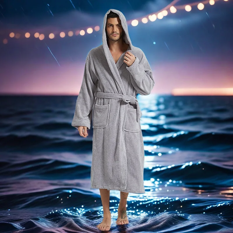 

Long Cotton Hooded Bathrobe for Men and Women, Gray Bath Robe, Thick Kimono Robe, Warm and Soft, Winter