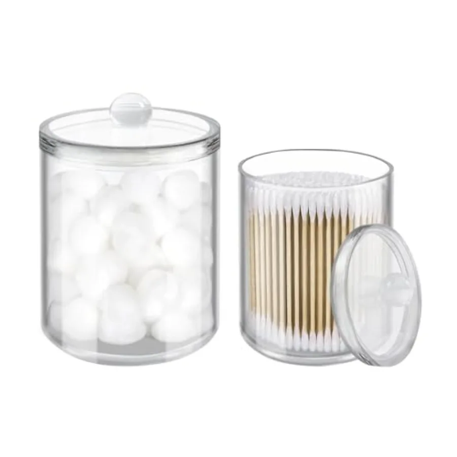 2 Pack Cotton Swab Holder, Transparent Acrylic Organizer with Lid, Clear Dispenser for Swabs, Bathroom Organizer and Storage, H