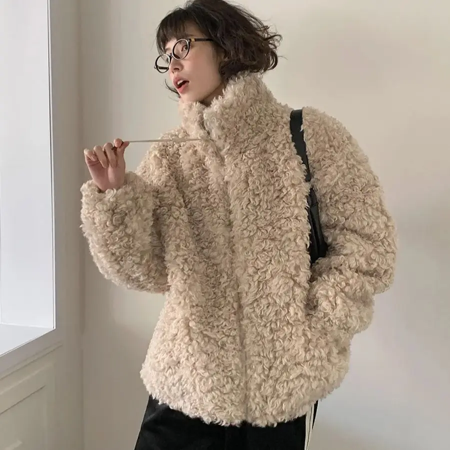 Estilo coreano, abrigo de lana de cordero para mujer, suelto, suave, ceroso, oso de peluche, felpa, cálido, grueso, corto, cuello alto, invierno