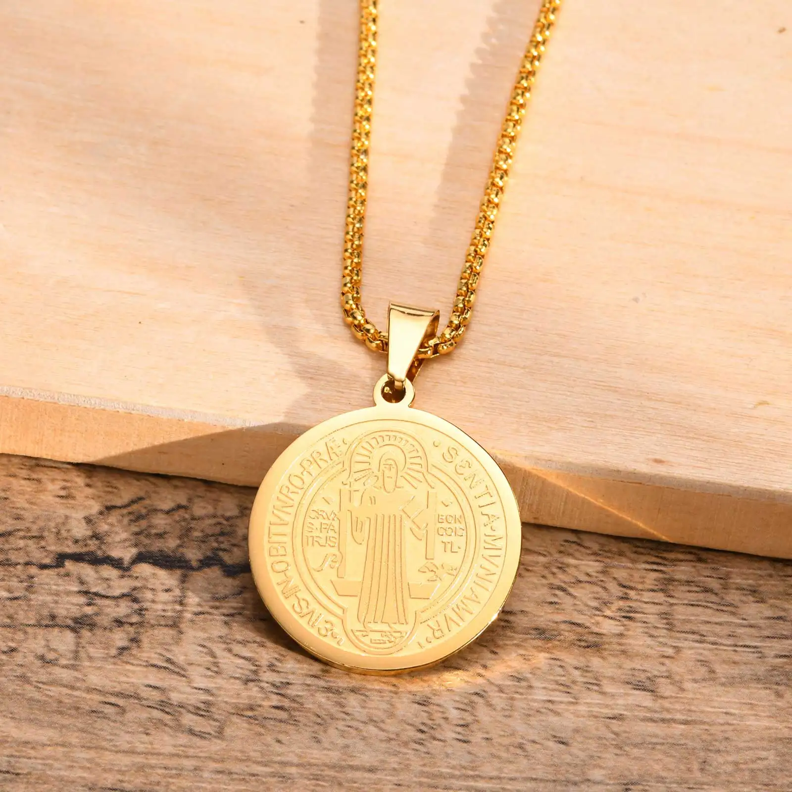 St Benedict Necklace Men, Stainless Steel Saint Religious Jewelry Medal Pendant ,Saint Benedict Amulet Necklace