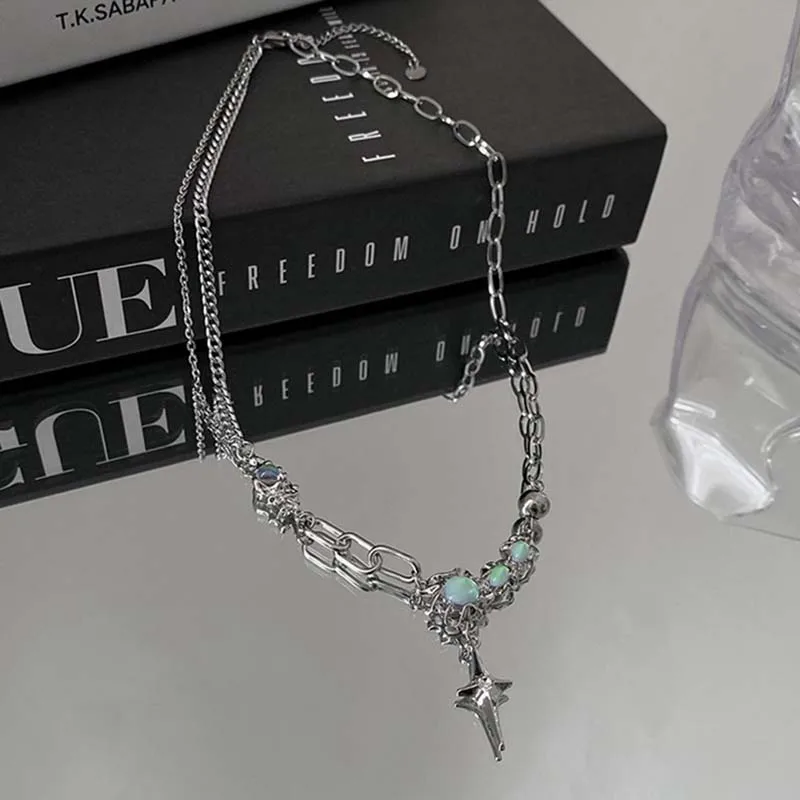 Funkelnde Mondlicht-Stein-Anhänger-Halskette für Frauen, Sternenlicht, unregelmäßige lange Quastenkette, Halsreifen, Accessoires, Modeschmuck – Detail 3