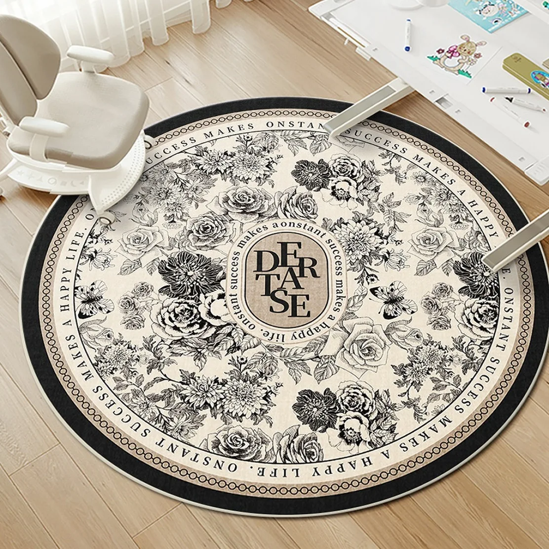 Round Floral Printed Chair Floor Mat Point-Plastic Anti-Slip Backing Machine-Washable Circular Rug In Cm Diameters Computer
