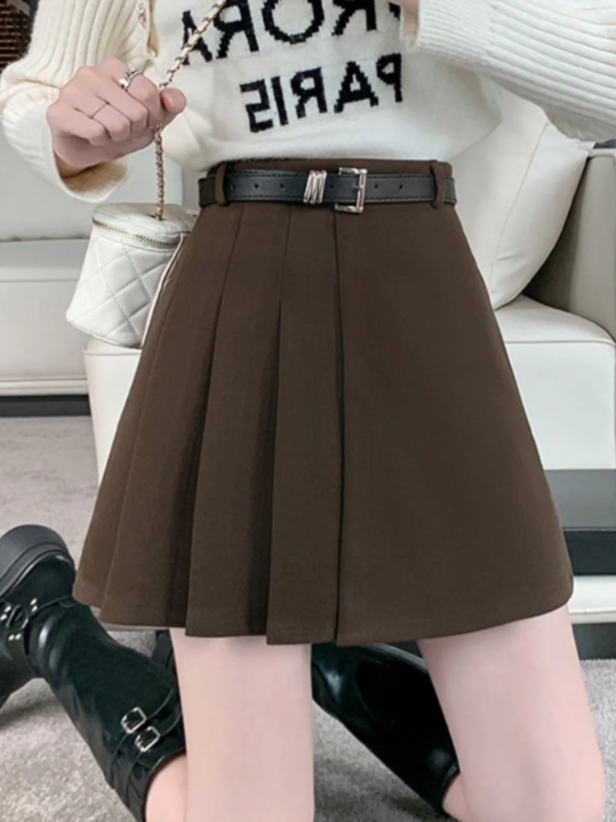 High Waist A-Line Pleated  Skirt in  Brown Woolen Material for Women Spring Autumn New Style plus Size Boot Skirt