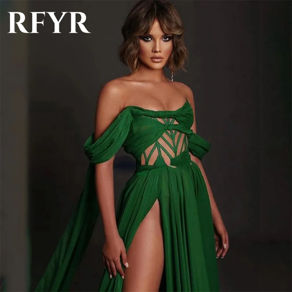 RFYR Green Prom Dresses Beach O-Neck Evening Dresses Off The Shoulder Satin Party Dress with High Split Pleats Vestidos De Noche