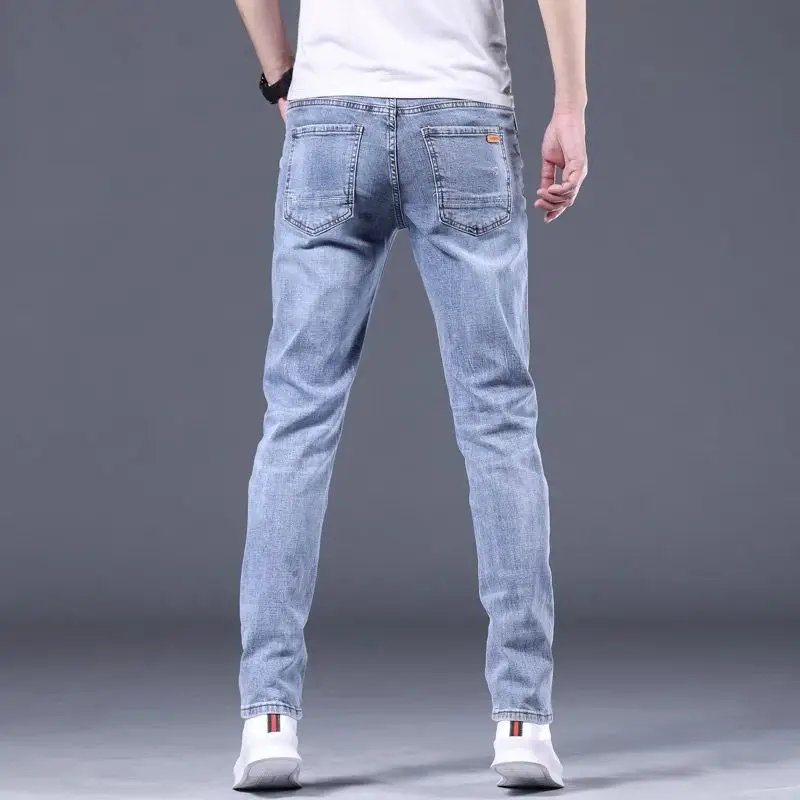 Jeans Denim ramping pria, pakaian mewah kelas atas untuk pria musim gugur 2024 baru Skinny Korea Solid biru muda celana Golf Streetwear