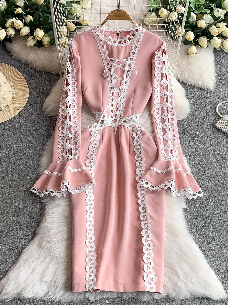 

Women‘s Summer Vestidos Korean Version High End Hollowed Out Lace Flared Sleeves Exposed Waist Slim Fit Dress DS197