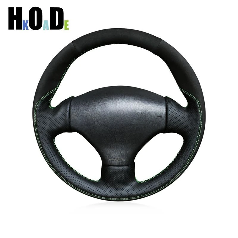 For Peugeot 206 1998-2005 206 SW 2003-2005 206 CC 2004 2005 Hand-Sew Black Genuine Leather Car Steering Wheel Cover