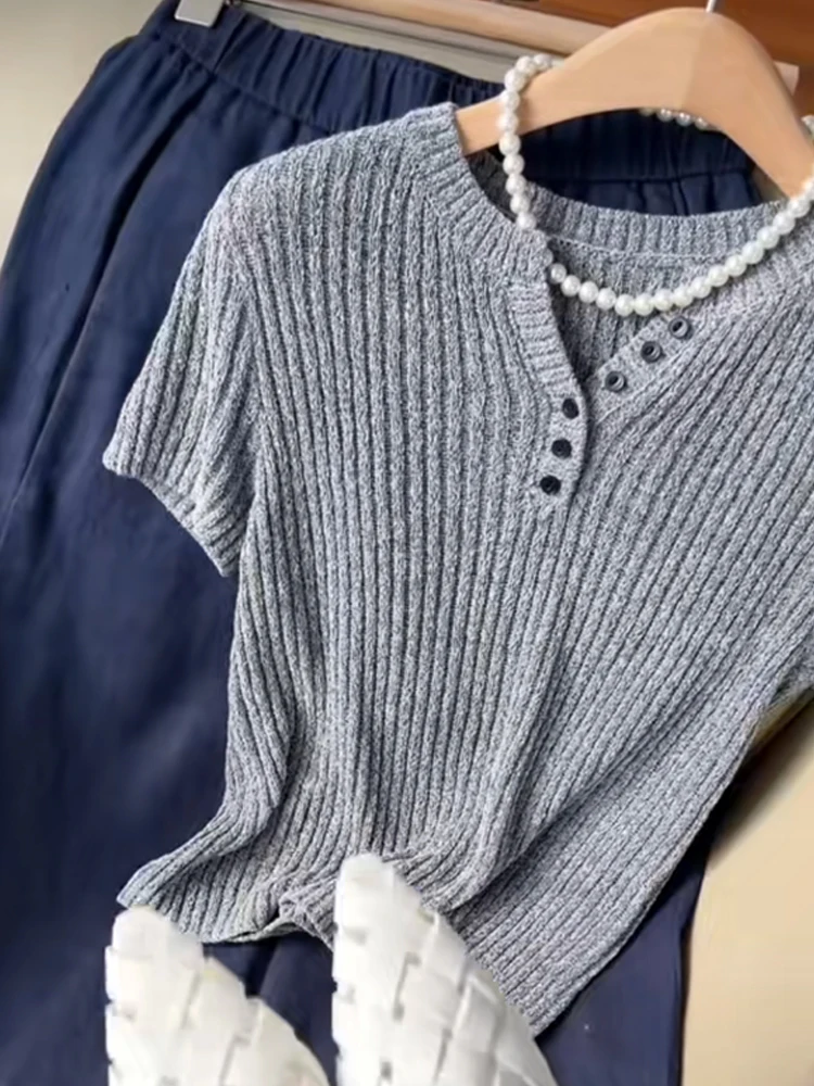 Koreaanse Sle Ice Silk gebreide top en Sve Casual Design Hoodie Summer Faion Anti Aging Quali Regular Fit woon-werkkleding