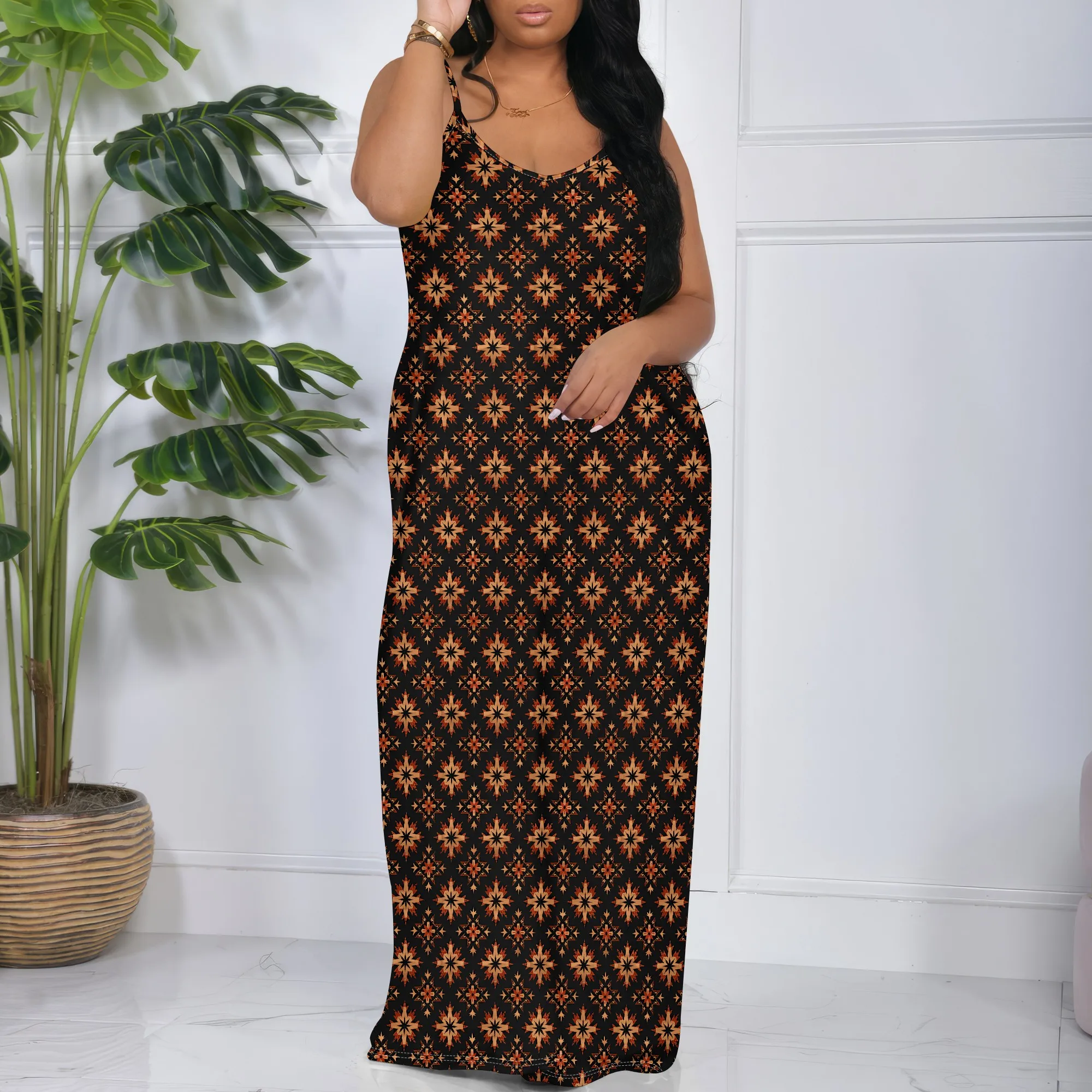

S-3XL Women's Geometric Print Maxi Dress Sleeveless Casual Summer Long Dress