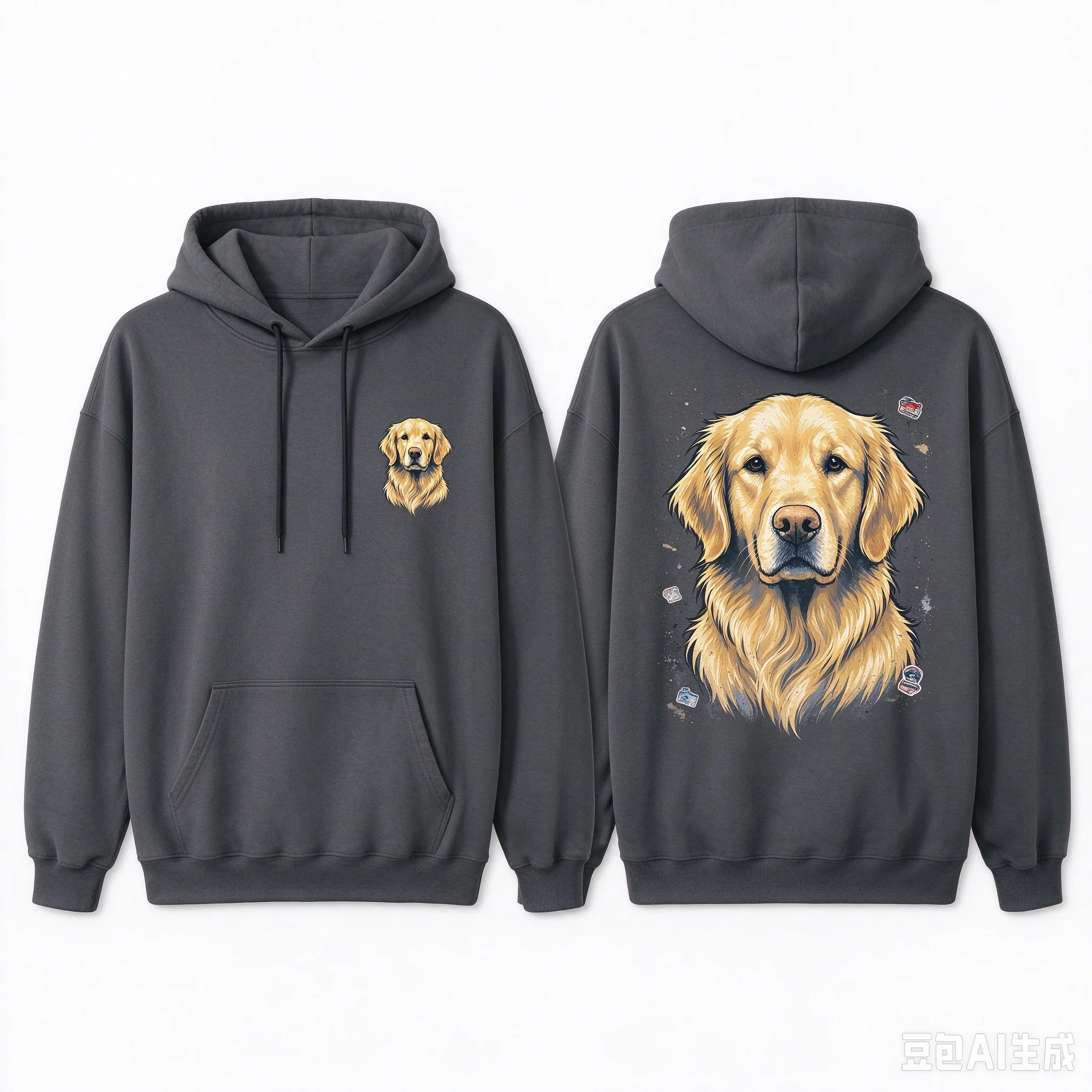 Men's Loose Drawstring Hoodie, Right Chest Small Golden Retriever Logo, Back Big Golden Retriever Head Graphic Pullover, Streetw