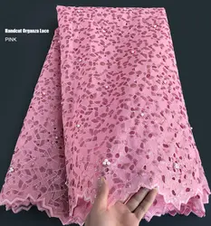 African Pink Handcut Organza Lace Fabric Nigeria Garment Sewing Dress Big Occasional Wear 5 yards per piece