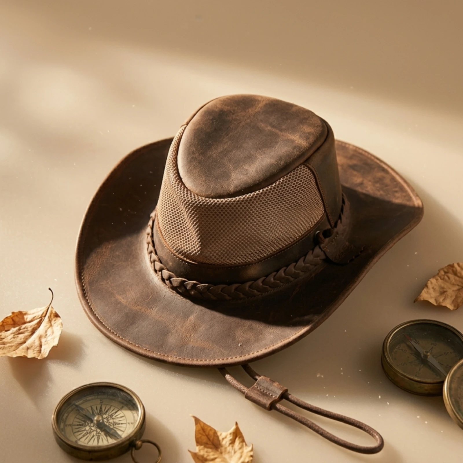 Leather Cowboy Hat Crazy-Horse Western Hat with Chin Strap Leather Chin Strap Brown Secure for Cowboys, Rodeo, Horseback Riding