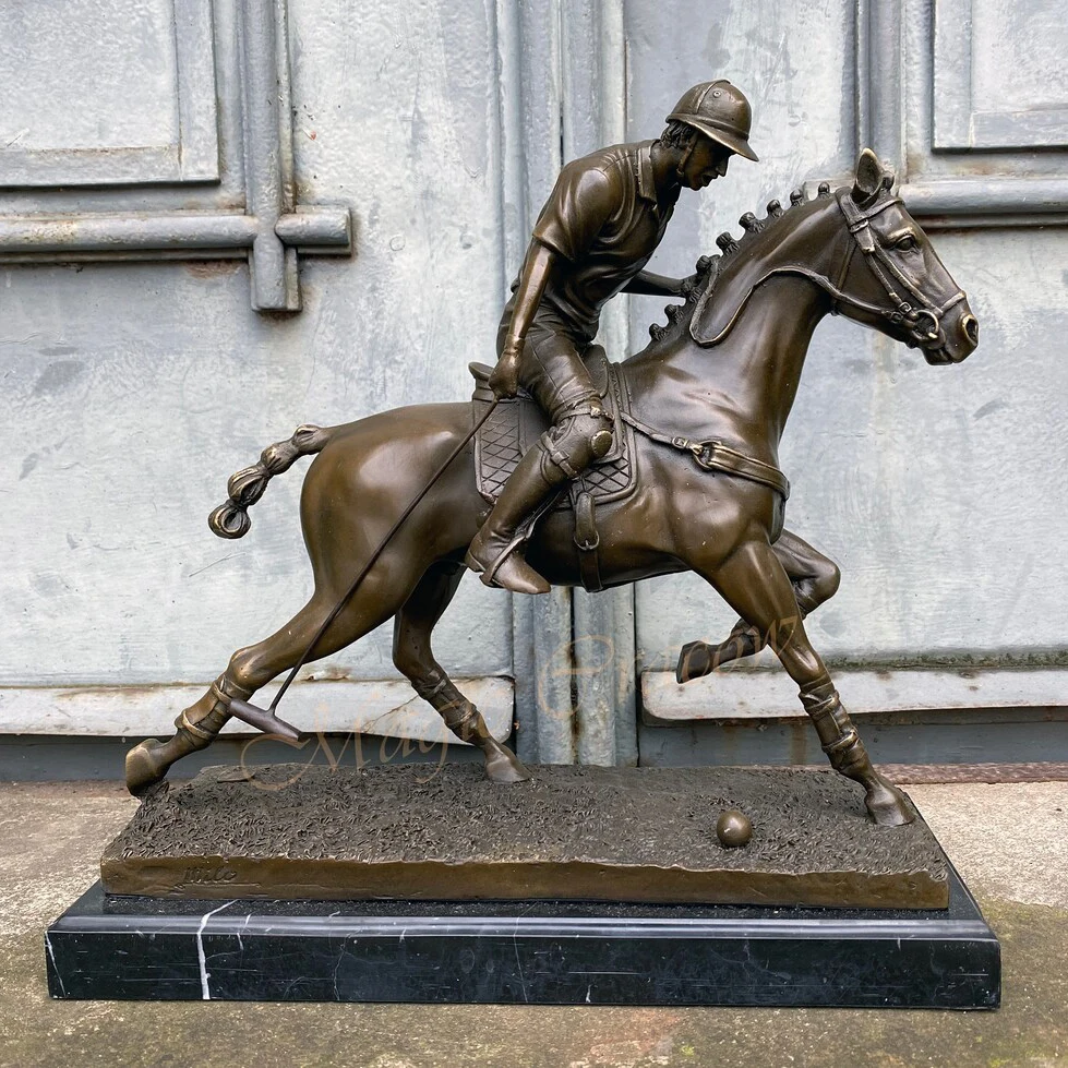 Real Bronze Polo Sport Statue Handicrafts Sculpture Marble Base for Home Office Decoration Large