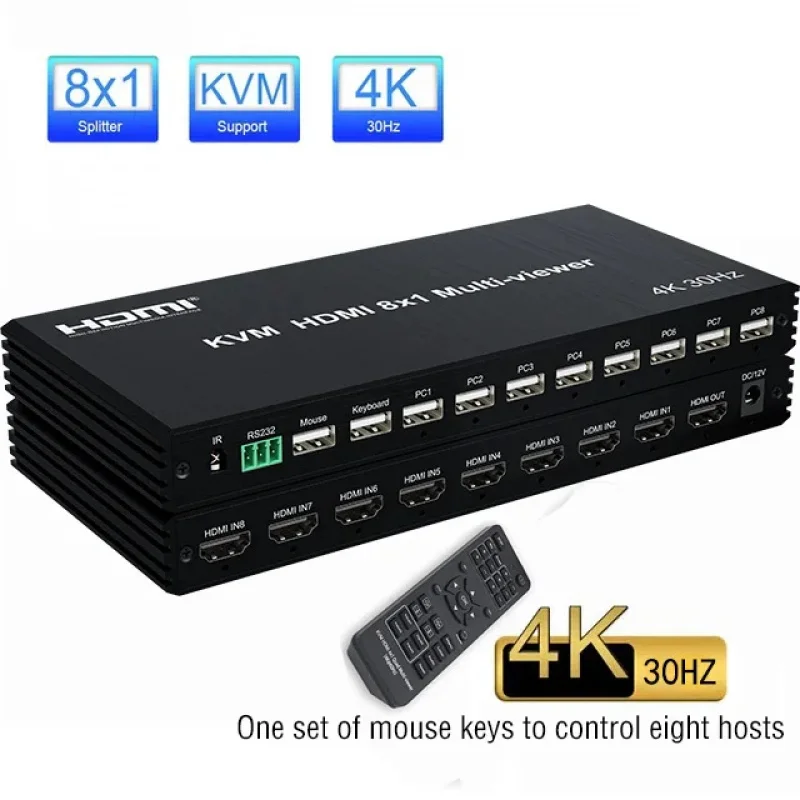 HDMI KVM Quad Splitter 4x1 8x1 4K Multiviewer USB Keyboard Seamless Switch for Multi Display Audio Video