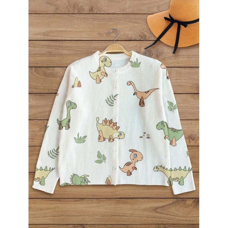 

Preppy Style Cartoon Dinosaur Print Women's Sweater Knit Cardigan Thickened Loose Crew Neck Long Sleeve Button Autumn Winter