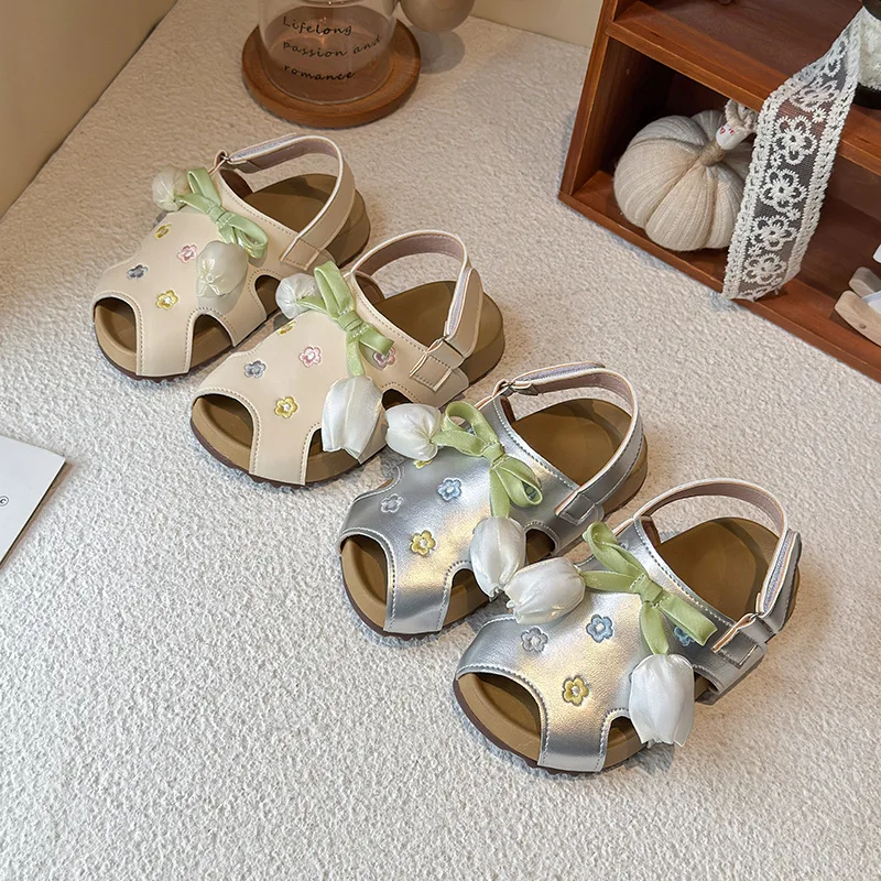 Girls Sandals Spring New Children's Cute Pastoral Closed Toe Sandals Bow Soft-soled School Student Flats Size 26-36