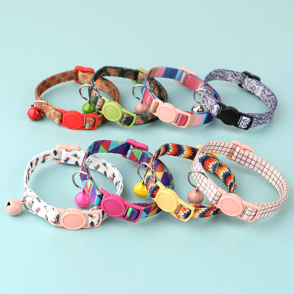 Nylon Cat Collar Quick Release Cat Collars Safety Kitten Puppy Collars Print Necklace With Bell Adjustable Cats Accessories