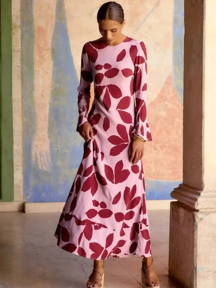 

Autumn Long Sleeve Floral Print Maxi Dress Women Pullover Fashion O Neck Bell Sleeve Loose Sexy Long Dresses Elegant