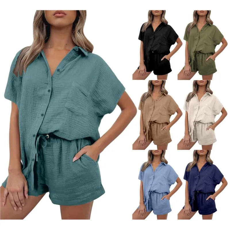 

Повседневная рубашка из хлопка и льна с лацканами и карманами на пуговицах, топ + шорты на шнуровке, однотонный комплект из двух предметов, женский элегантный комплект 2025 г.