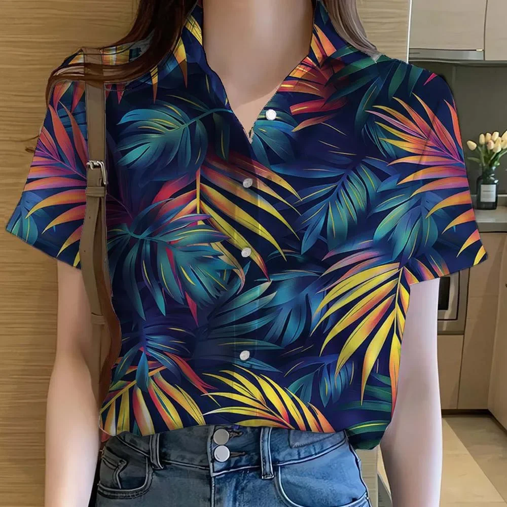 

Summer Women Shirts Tropical plant leaves 3D Printed Tops Casual Hawaiian Short Sleeve Button Beach Shirt Street Women's Clothes