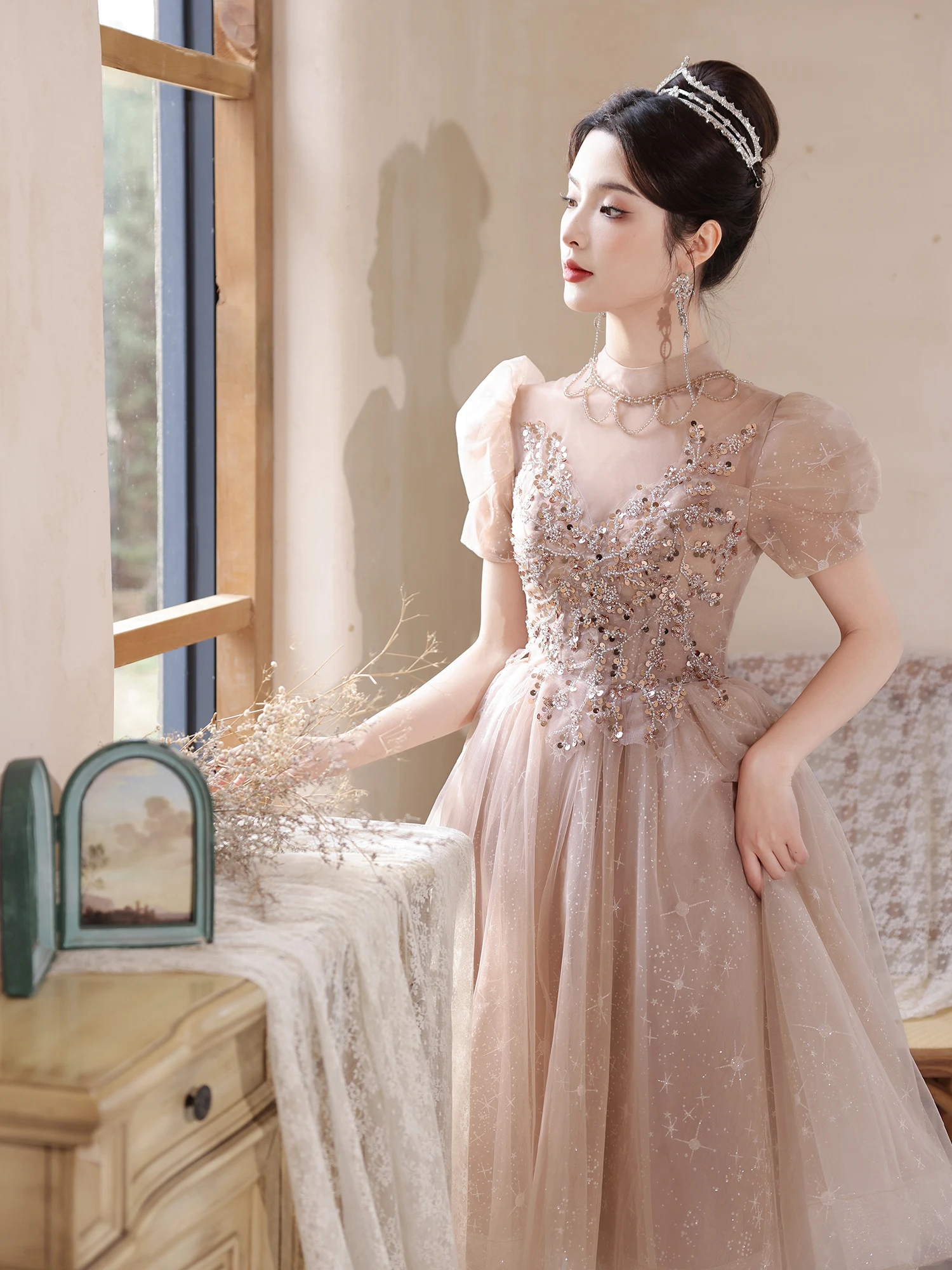 

Ele Princ Sle Evening Gown Women's Faionable Luxury High-End Sensation Ball Dr ort Sve Midi Length