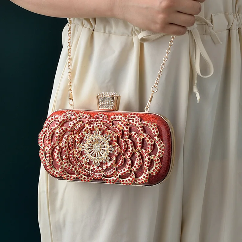 Bolso de noche con diamantes de imitación rojos, bolso de mano de marca con diamantes para mujer, bolso de lujo con diseño de flores para teléfono, bolso cruzado 2024