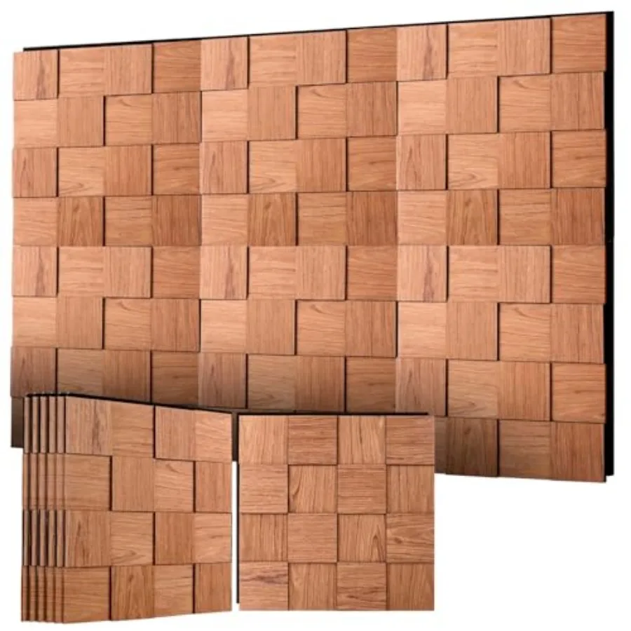 6-Pack 3D Checkerboard Acoustic Wall Panels, 15.7"×15.7" Mosaic Wood Soundproof Panels for Home and Apartment Decor