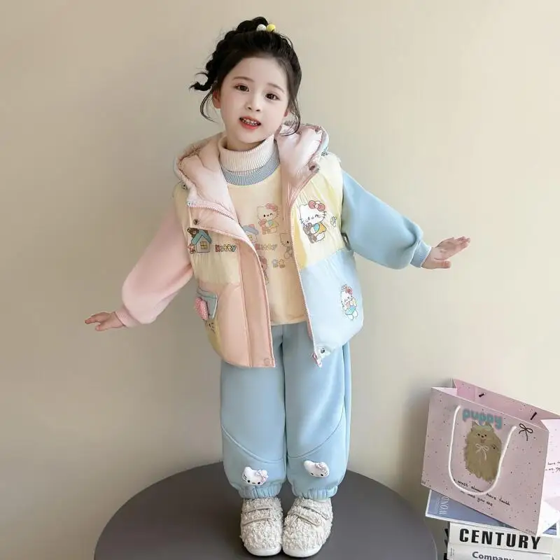 

Sanrio Hello Kitty Girls Fleece Hoodie and Vest Three-Piece Set for Baby Girls Casual Wear New 2025 Cute Cartoon Kids Clothing