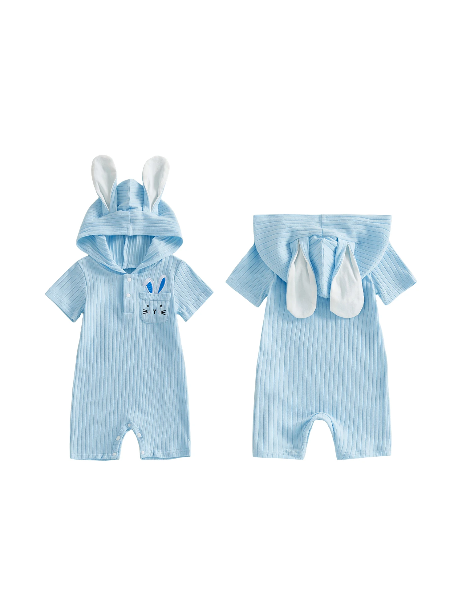 

Милый комбинезон с изображением пасхального кролика, вышитым узором, застежкой на пуговицы, короткими рукавами и капюшоном - очаровательный комбинезон для младенцев