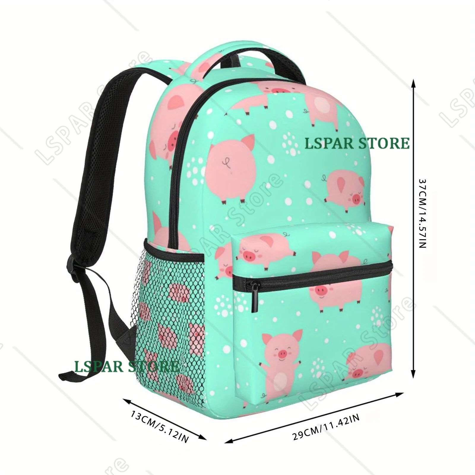 Mint Green Pink Polka Dot Pig Backpack Unisex Casual Laptop Backpacks School Bookbag Travel Hiking Camping Daypack